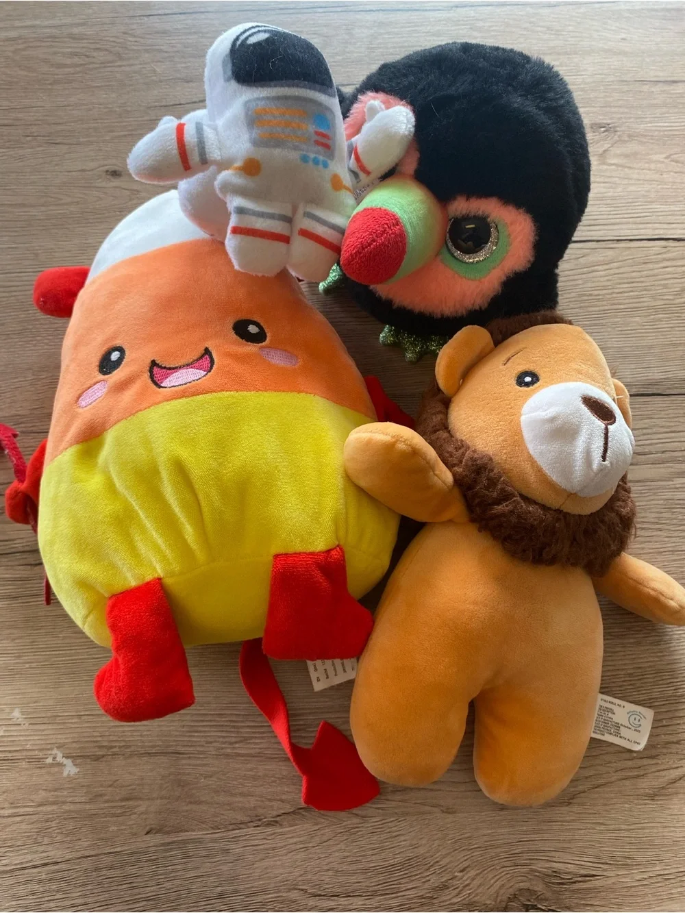 Kellytoy Plush Set - Black Crow, Orange Candy Corn, White Astronaut & Tan Lion